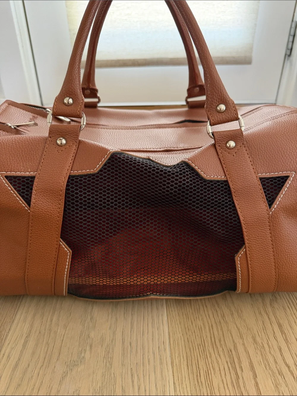 Tan Leather-Look Small Pet Carrier with Mesh Ventilation 11x18 inches